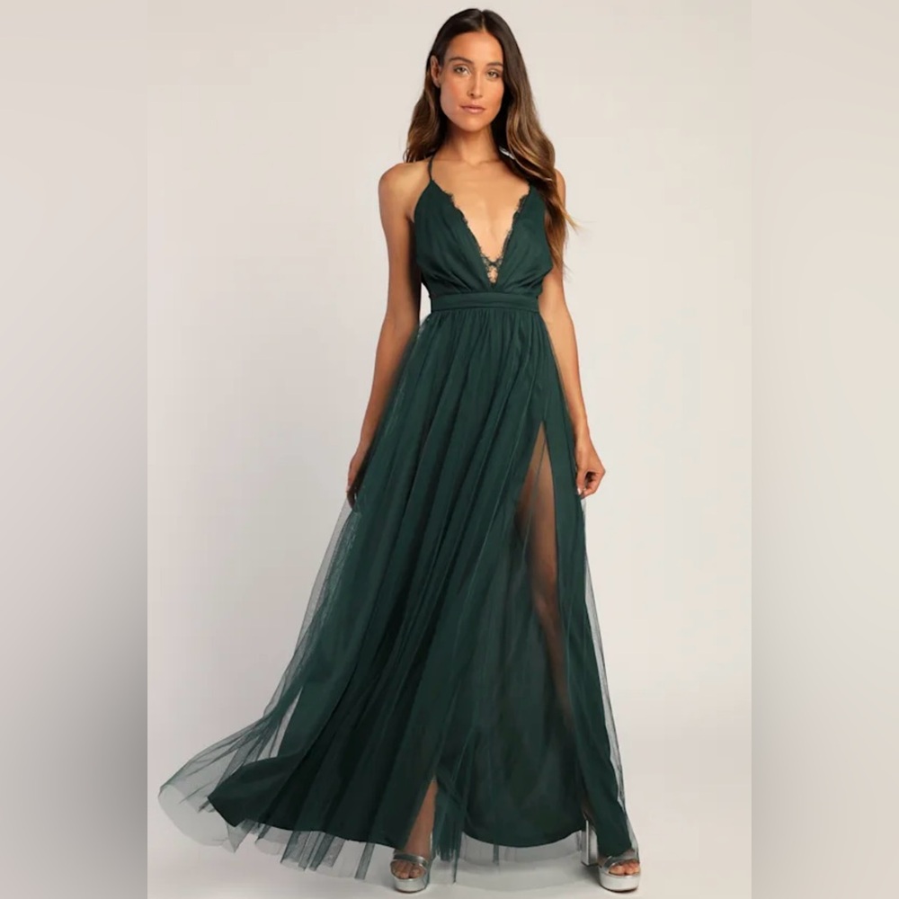 NWT Lulus/Maniju Forever Impressing Dark Green Tulle
Sleeveless Maxi Dress